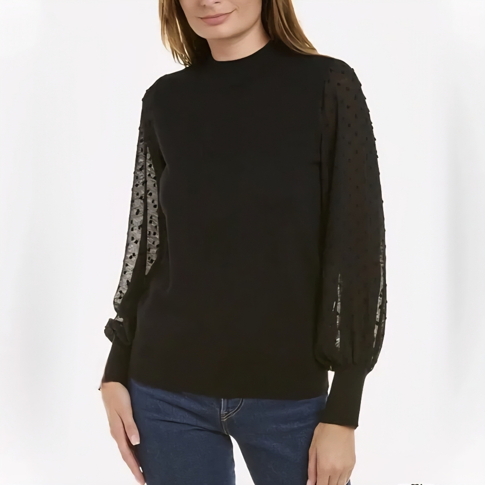 CeCe Black Sweater with Sheer Sleeves